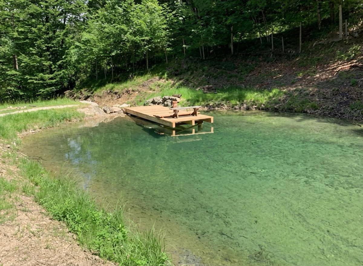Natürlicher Teich mit klarem, grünlichem Wasser und einer kleinen Holzplattform am Ufer, umgeben von üppigem Grün und Bäumen.
