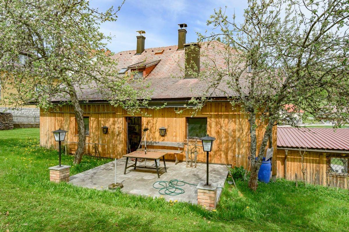 Hinterhof mit gepflasterter Terrasse, Sitzgelegenheiten und Obstbäumen im Garten.