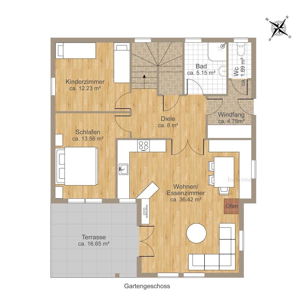 Grundriss des Gartengeschosses mit Wohn-/Esszimmer, Schlafzimmern und Terrasse.