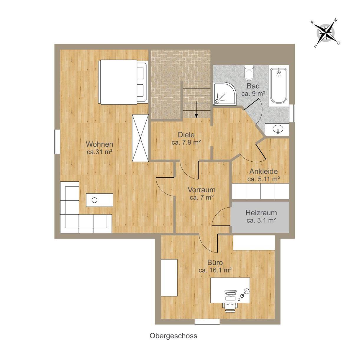 Grundriss des Obergeschosses mit Wohnbereich, Bad, Ankleide und Büro, ausgestattet mit Holzfußboden.