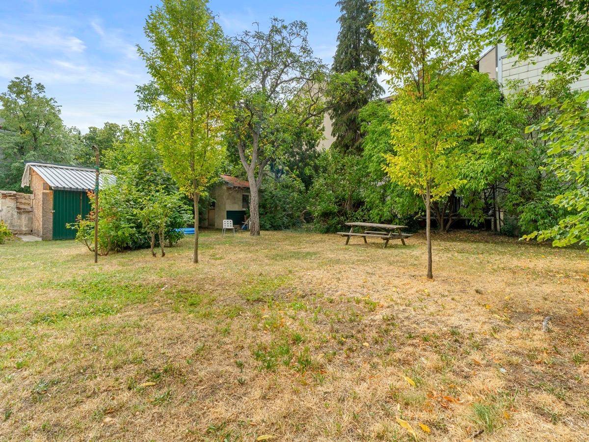 Garten mit Picknicktisch, jungen Bäumen und einem kleinen Geräteschuppen im Hintergrund.