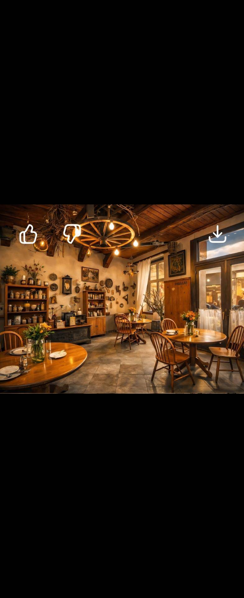 Gemütlicher Restaurantbereich mit Holztischen, rustikaler Dekoration und warmem Licht.