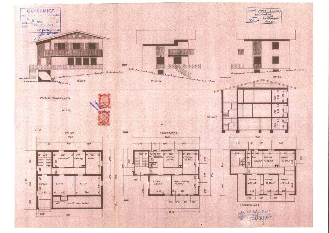 Historischer Bauplan eines Einfamilienhauses mit Keller, Erdgeschoss und Obergeschoss.
