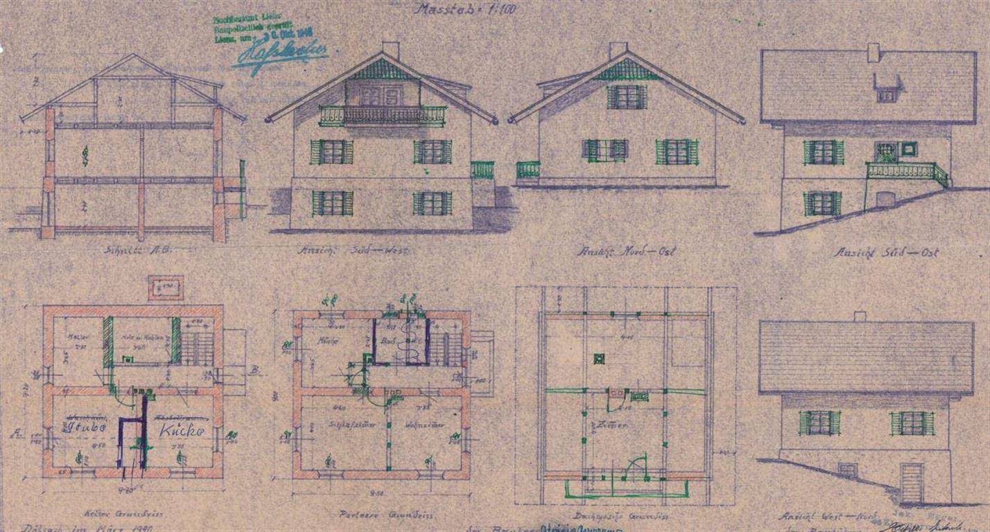 Detaillierter Bauplan mit Grundrissen und Ansichten des Gebäudes aus dem Jahr 1980.