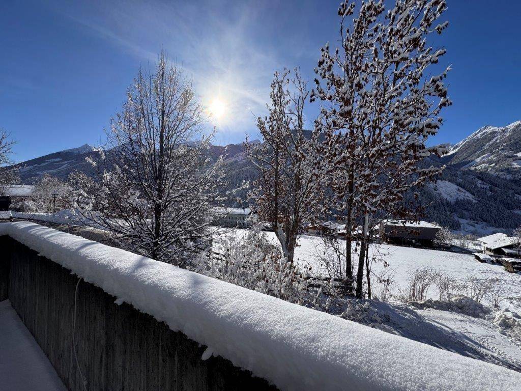 Winterliche Landschaft mit schneebedeckten Bäumen und Bergen unter strahlendem Sonnenschein.