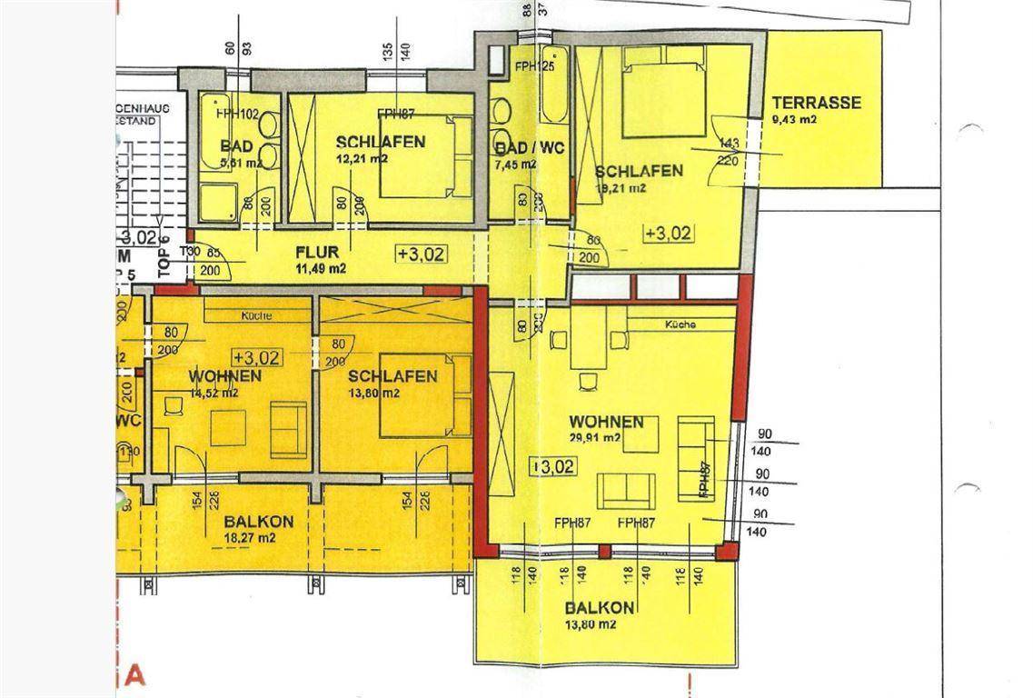 Detaillierter Grundriss mit mehreren Schlafzimmern, Bädern, Balkonen und einer Terrasse.