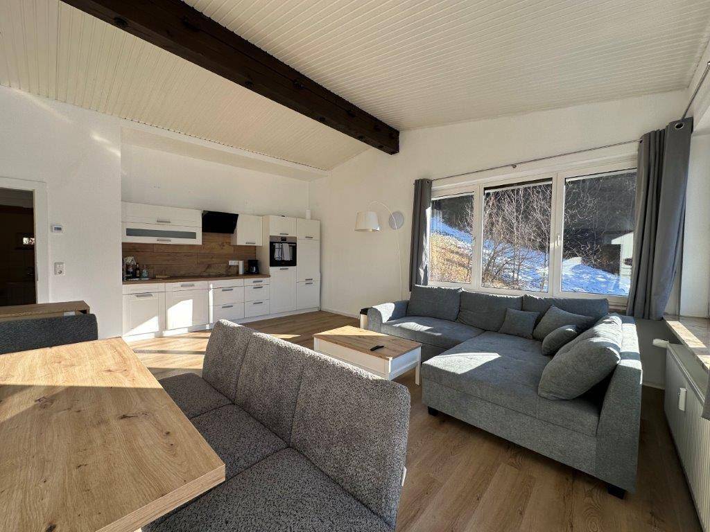 Offener Wohnbereich mit integrierter Küche, modernem Sofa und Blick auf die winterliche Landschaft.