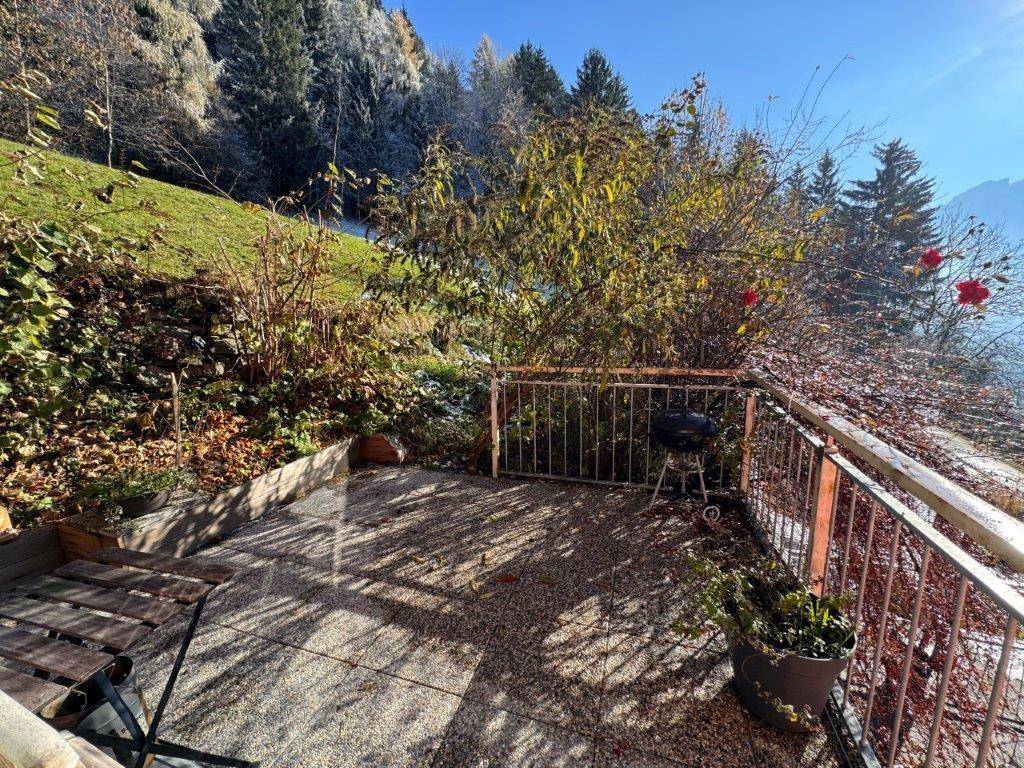 Gemütliche Terrasse mit Grillplatz und Sitzgelegenheiten, umgeben von Natur und Bäumen.