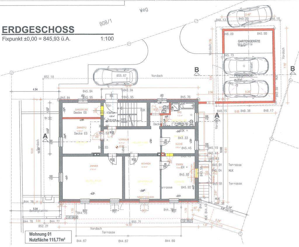 Grundriss des Erdgeschosses mit Wohnbereich, Küche, Zimmern und Zugang zur Terrasse.