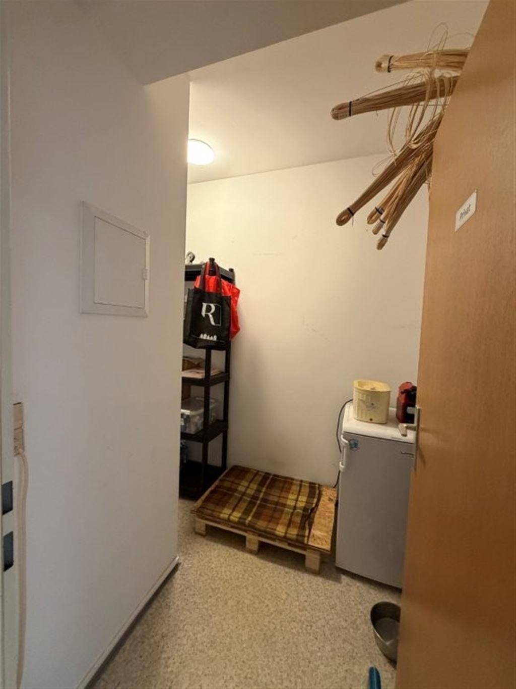 Abstellraum mit kleinem Kühlschrank, Regal und verschiedenen Gegenständen.