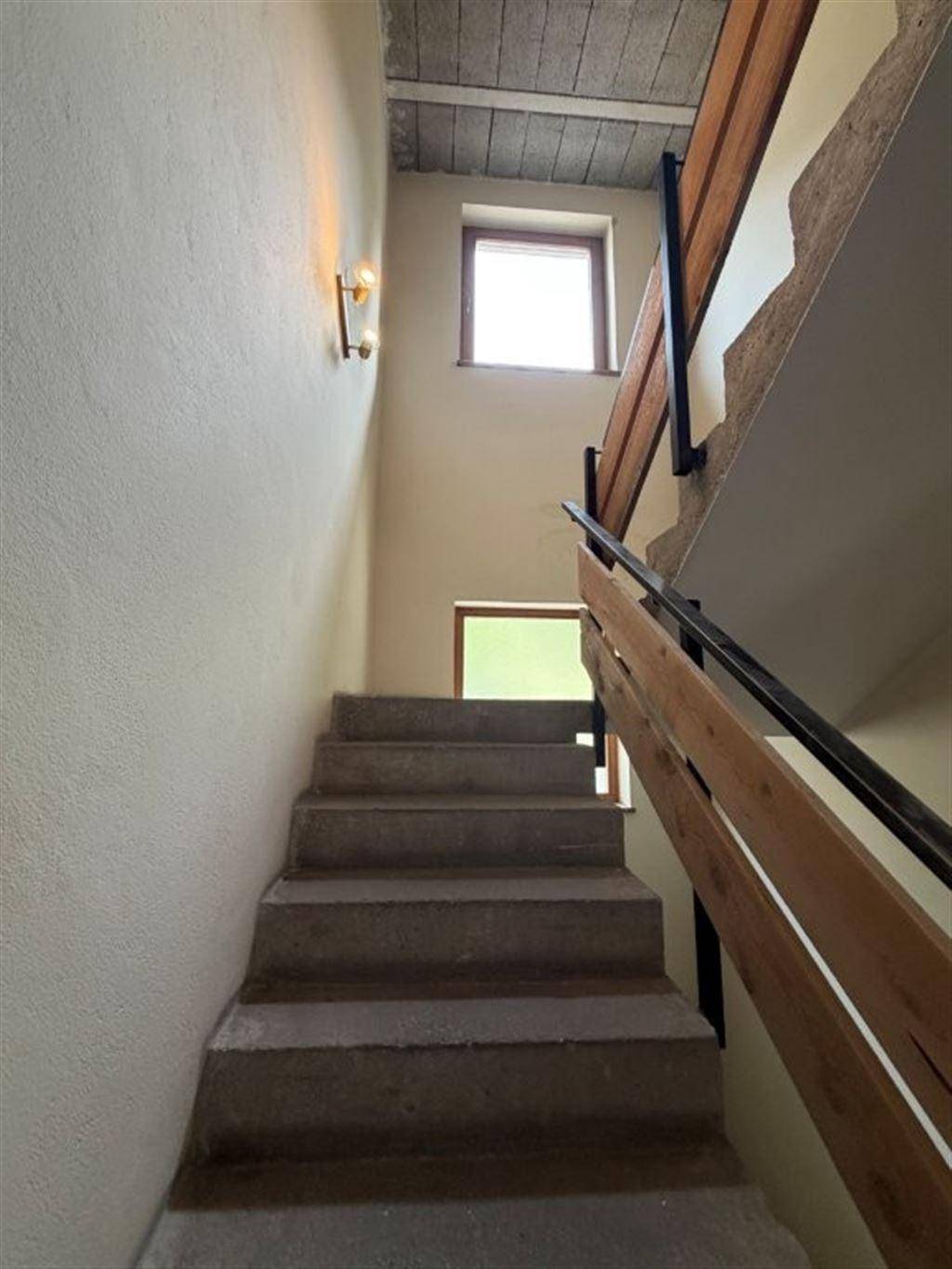 Treppenhaus mit Betonstufen, Holzgeländer und Fenstern für natürliches Licht.