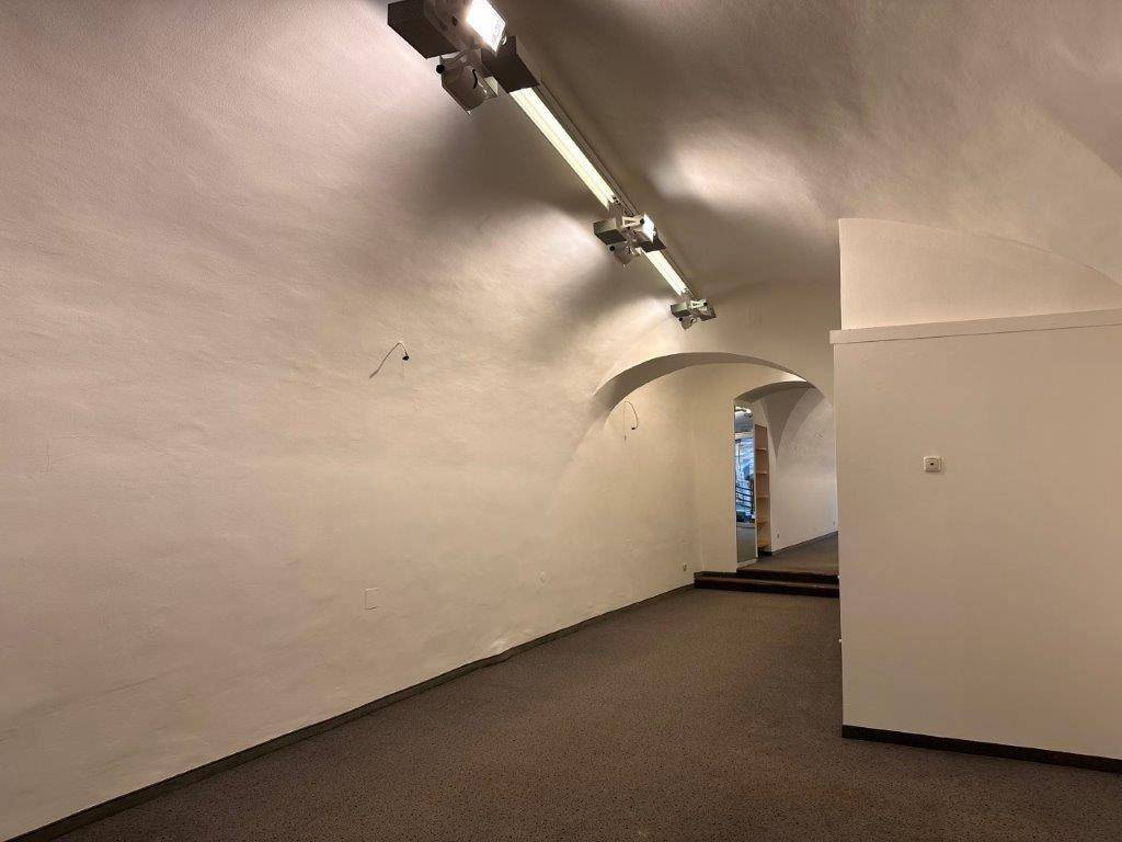 Langer, gewölbter Gang mit Teppichboden und Deckenbeleuchtung, der zu weiteren Räumen führt.