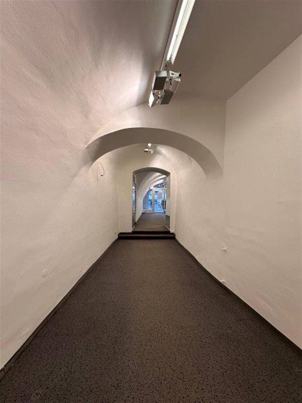 Perspektivischer Blick in einen langen, gewölbten Flur mit Teppichboden und Deckenbeleuchtung.