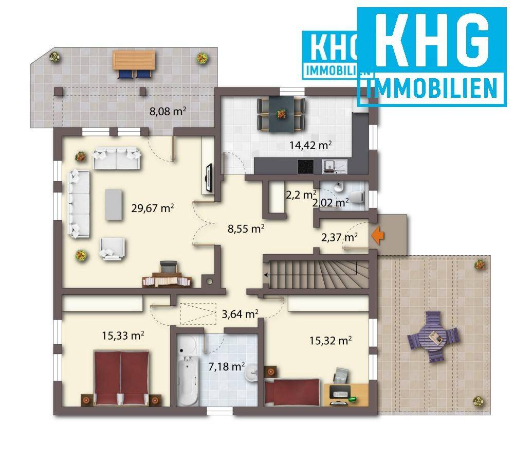 Detaillierter Grundriss mit Möblierung, Raumgrößen und Zugang zu Terrasse und Balkon.