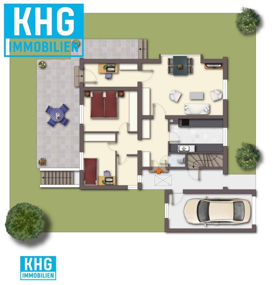 Farbiger Grundriss des Erdgeschosses mit offenem Wohnbereich, zwei Schlafzimmern, Bad, Garage und großer Terrasse mit Garten.