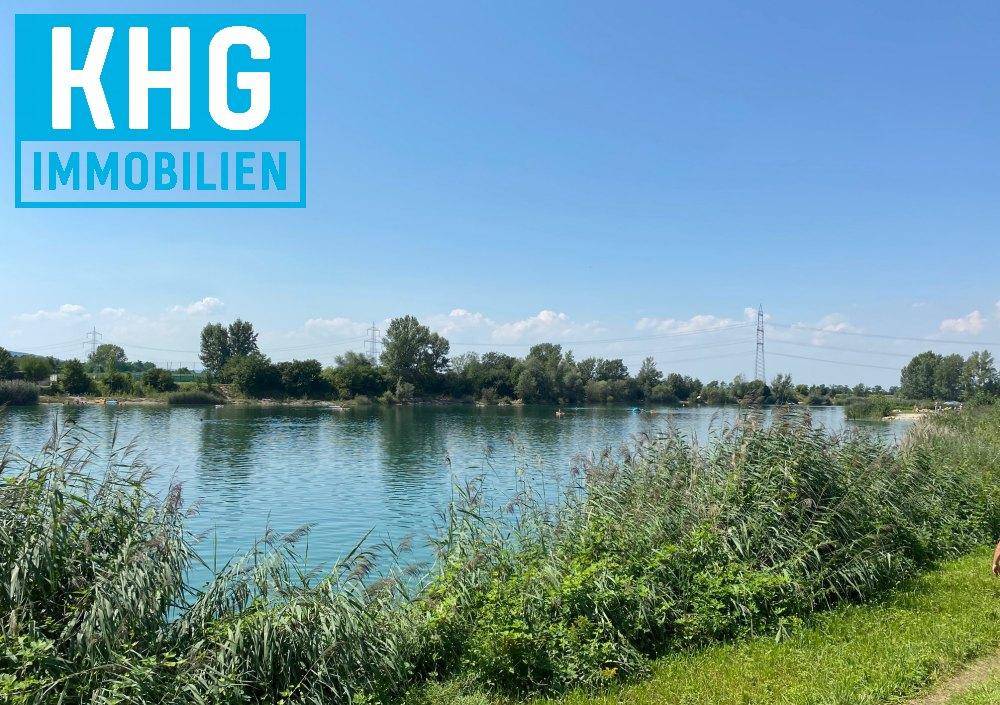 Idyllischer See mit Schilf am Ufer und Bäumen im Hintergrund unter klarem blauem Himmel.