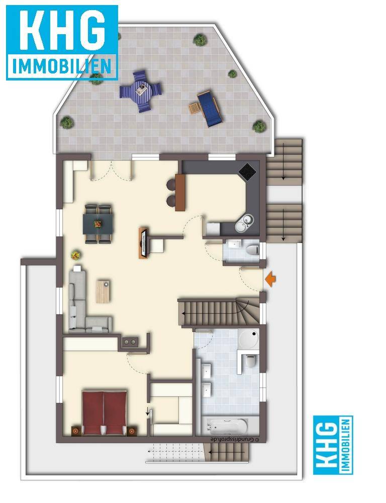 Grundriss des Erdgeschosses mit Wohnbereich, Küche, Schlafzimmer und Terrasse.