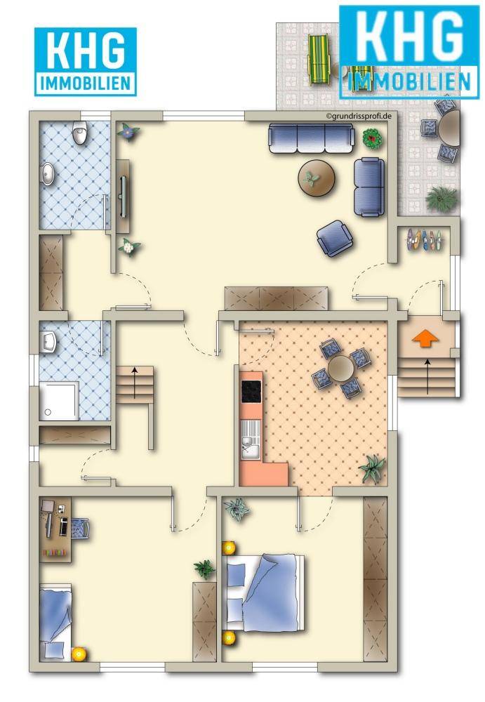 Grundriss des Erdgeschosses mit Wohnbereich, Küche und Schlafzimmer.