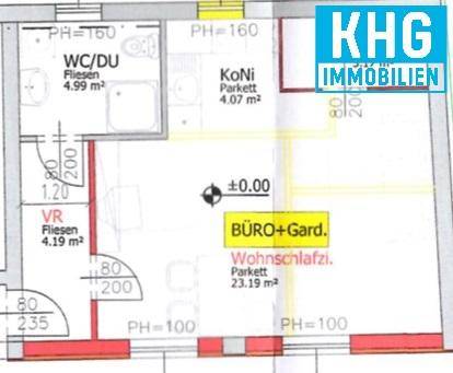 Grundrissplan zeigt die Aufteilung der Wohnung mit Wohnschlafzimmer und Bad.