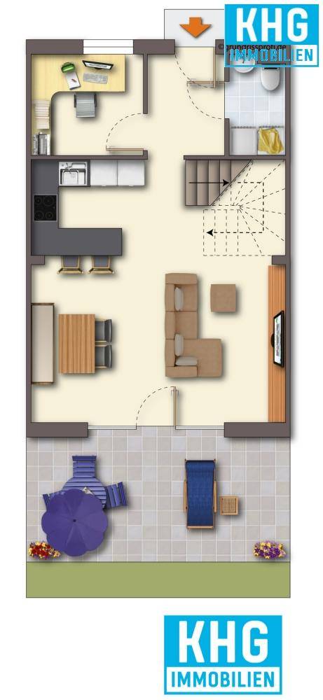 Grundriss des Erdgeschosses mit offenem Wohnbereich, Küche und Zugang zur Terrasse.