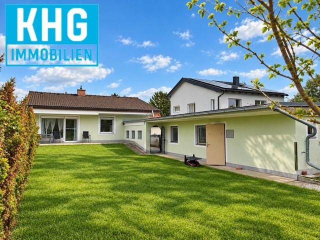 Großer grüner Garten hinter dem Haus mit Rasenfläche und Hecke.