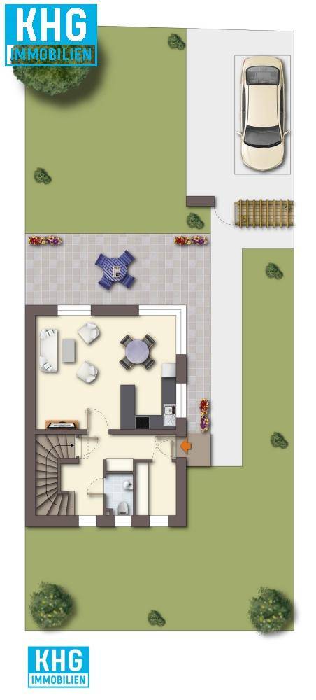 Grundriss des Erdgeschosses mit offenem Wohnbereich, Küche, Bad und Zugang zur Terrasse mit Garten und Parkplatz.