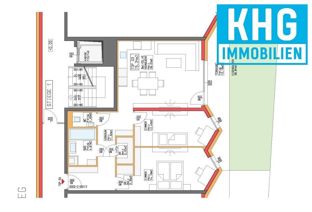 Grundriss einer Wohnung mit drei Zimmern, offenem Wohnbereich, Terrasse und Gartenanteil.
