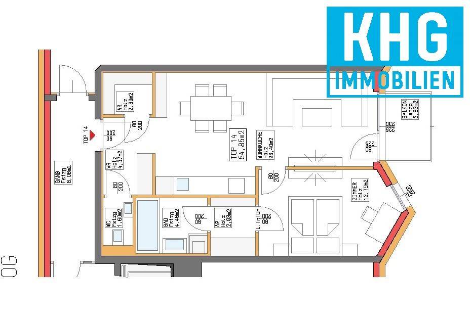 Detaillierter Grundriss einer Wohnung im Obergeschoss mit offenem Wohnbereich, Balkon und separatem WC.