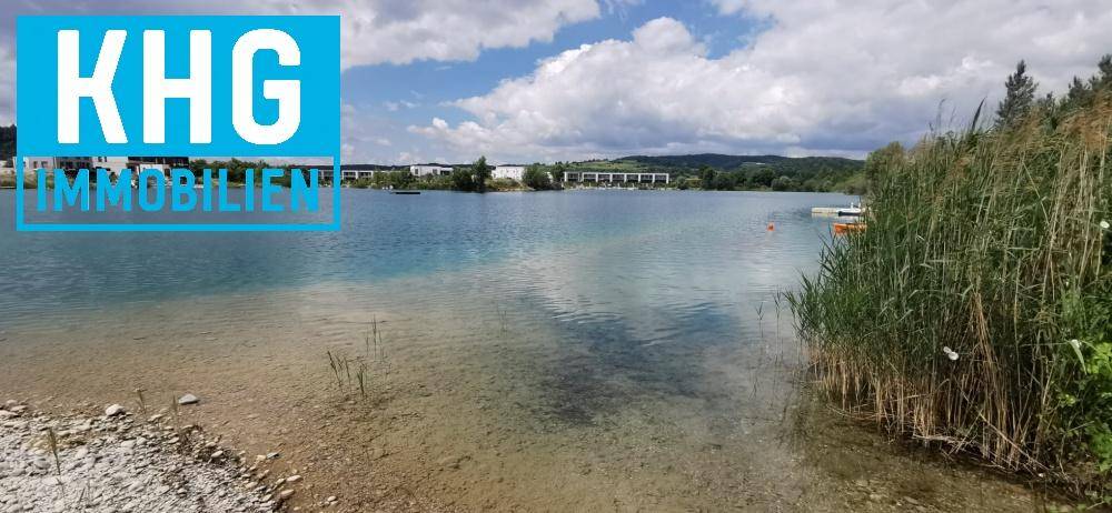 Ruhiger Seeuferbereich mit Schilf und klarem Wasser unter einem bewölkten Himmel.
