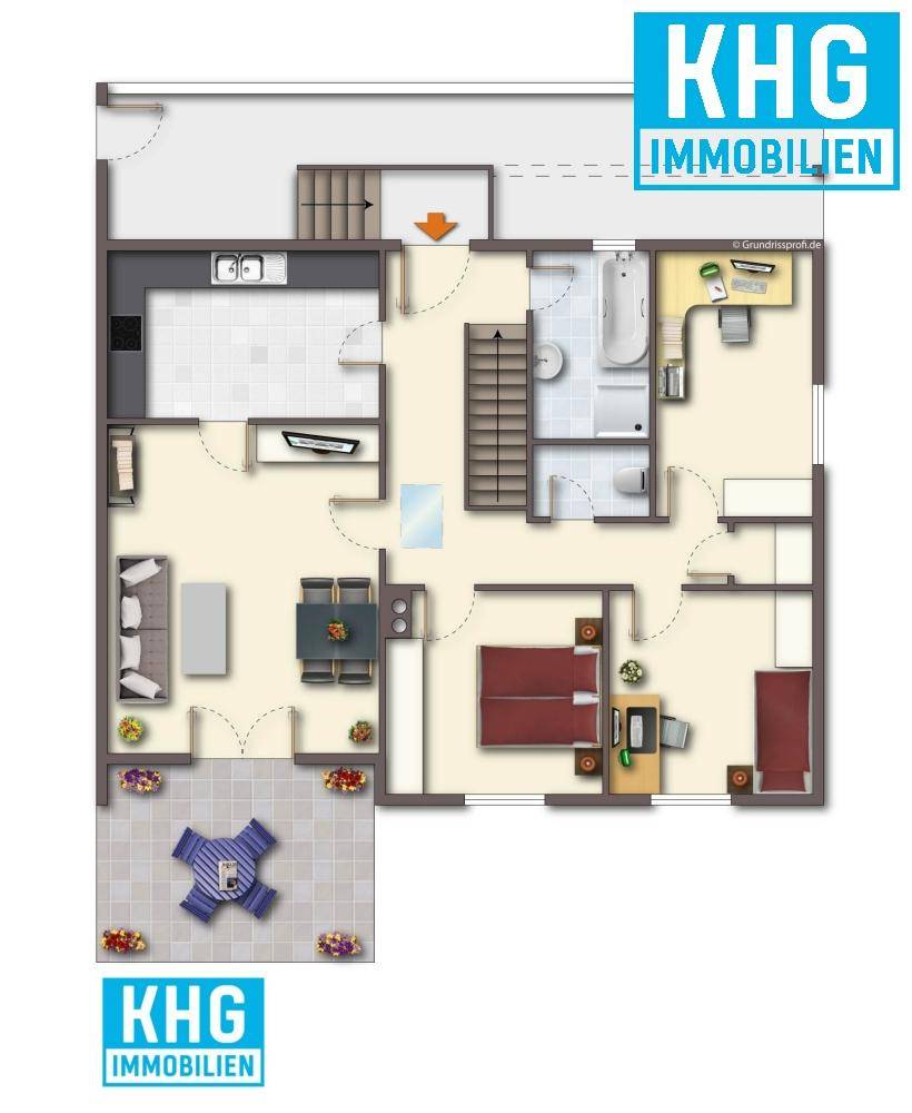 Detaillierter Grundriss des Erdgeschosses mit Wohnbereich, Küche, Schlafzimmern und Terrasse.