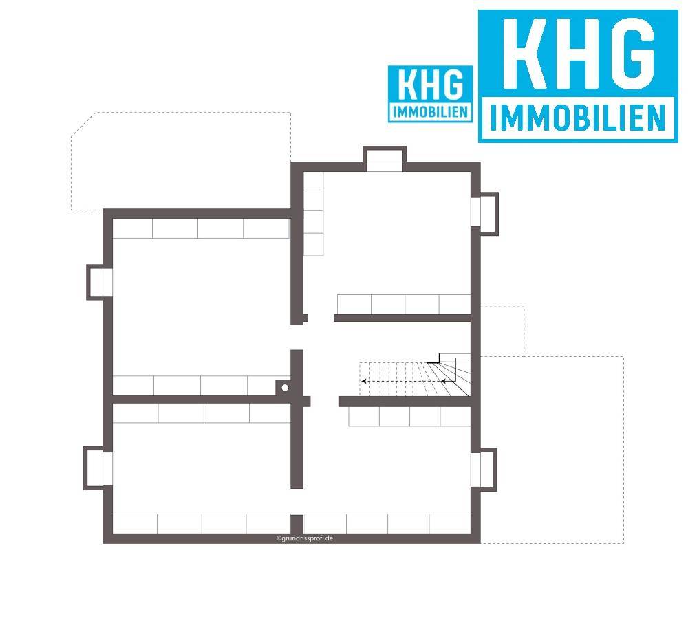 Schematischer Grundriss des Erdgeschosses mit Raumaufteilung und Treppenhaus.