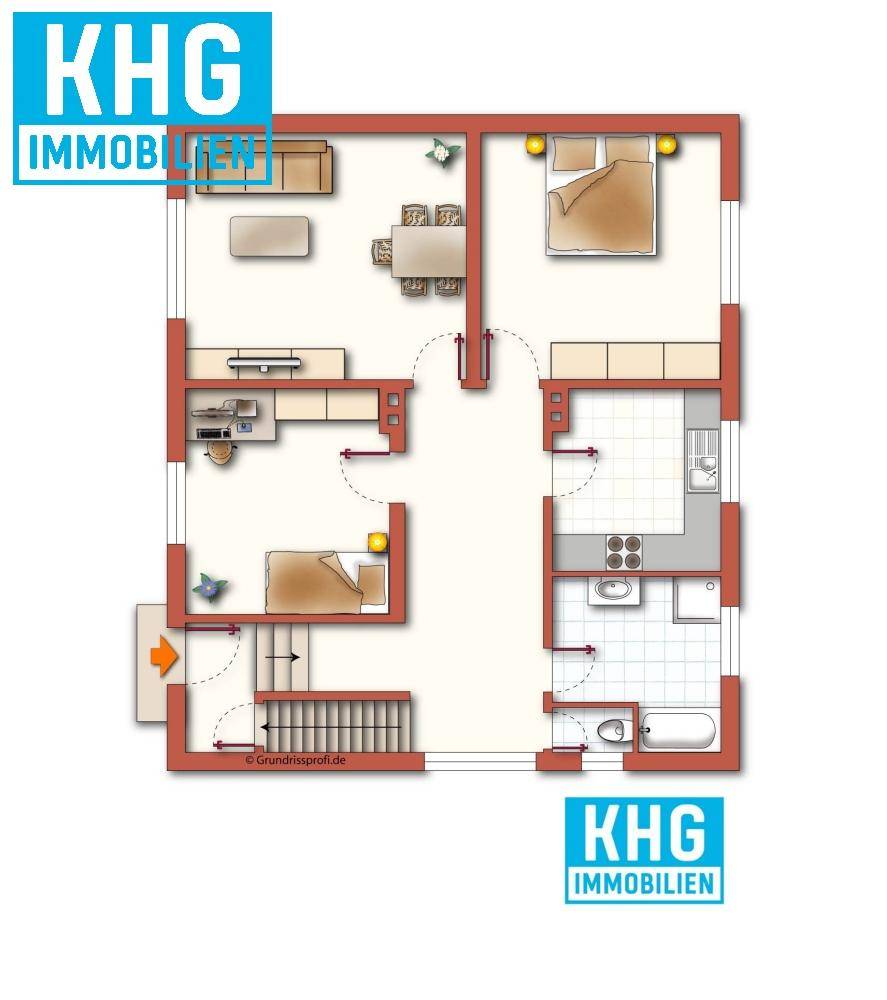 Detaillierter Grundriss einer Etage mit Wohnzimmer, Küche und Schlafzimmern.