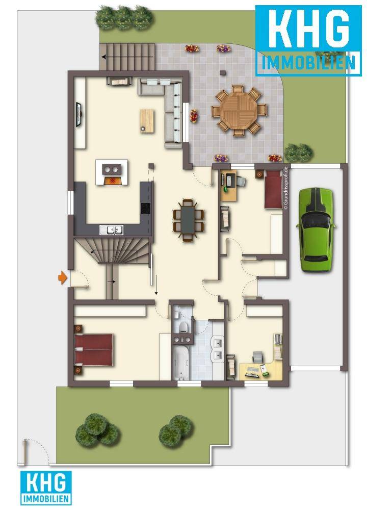 Detaillierter Grundriss des Erdgeschosses mit Wohnbereichen, Küche und Garage.