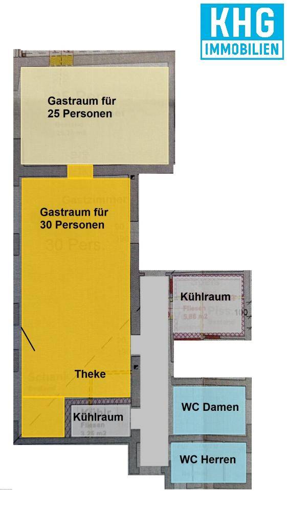 Grundrissplan zeigt Gasträume für 25 und 30 Personen, Theke und Kühlräume sowie separate Toiletten.