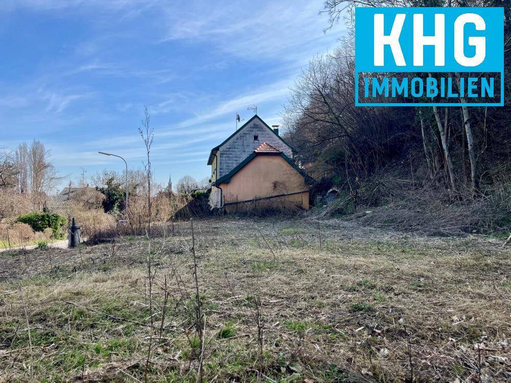 Älteres Haus mit hellem Putz und Satteldach, umgeben von einem naturbelassenen Grundstück.