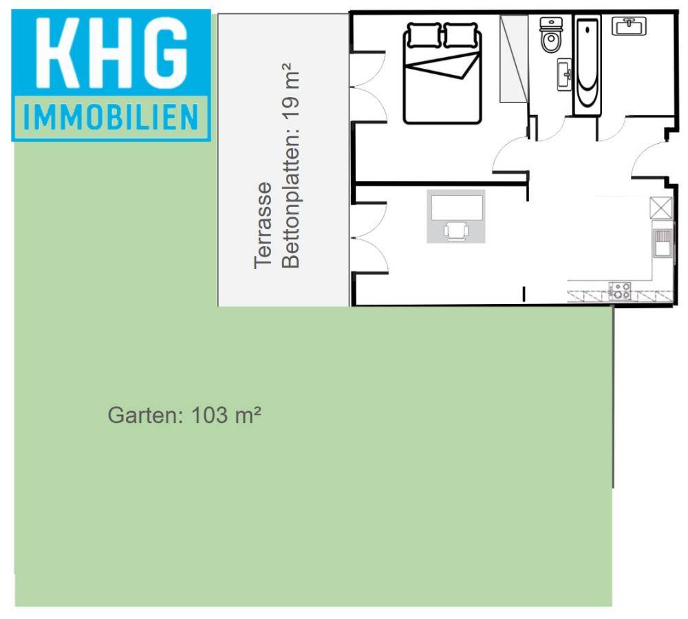Grundriss mit Schlafzimmer, Bad, Terrasse und Gartenbereich.