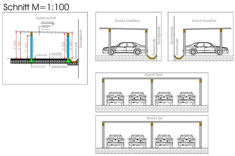 Technischer Schnitt und Ansichten eines Carports mit mehreren Stellplätzen für Fahrzeuge.
