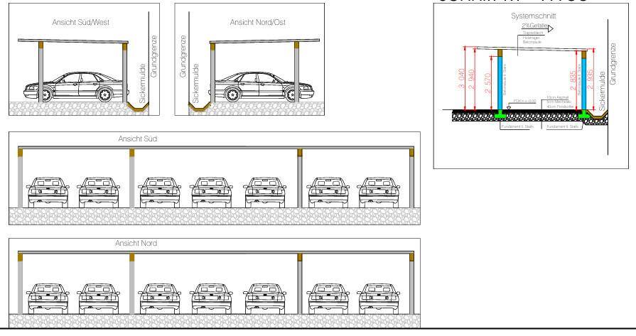 Detaillierte Ansichten und Schnittzeichnung eines Carports mit mehreren Parkmöglichkeiten.