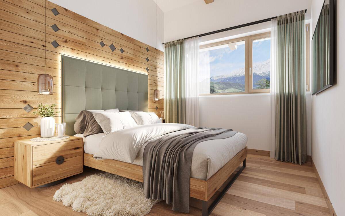 Helles Schlafzimmer im alpinen Stil mit Holzwand, großem Bett und Bergblick.