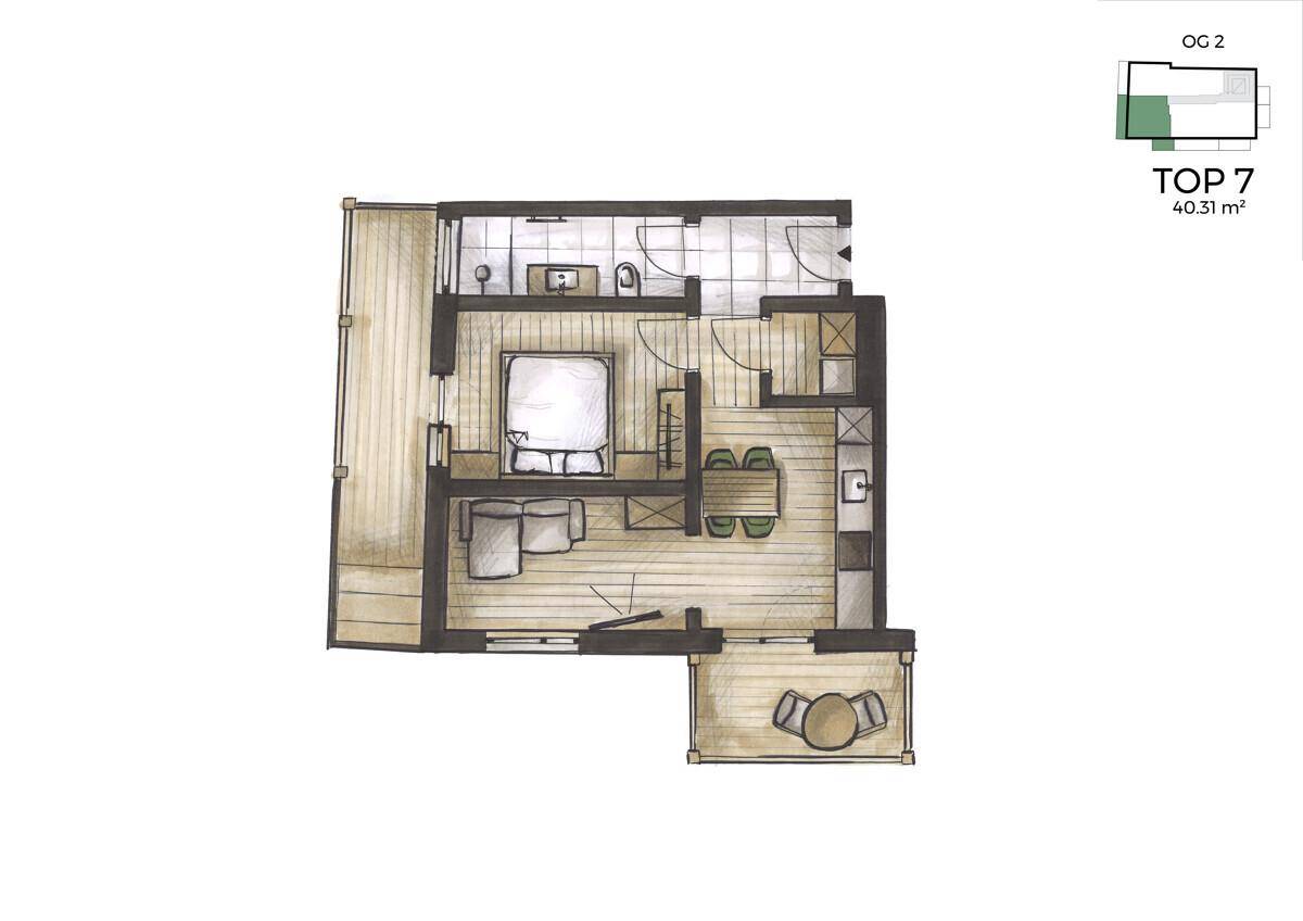 Grundriss einer 40,31 m² großen Wohnung mit Schlafzimmer, Wohnbereich und zwei Balkonen.