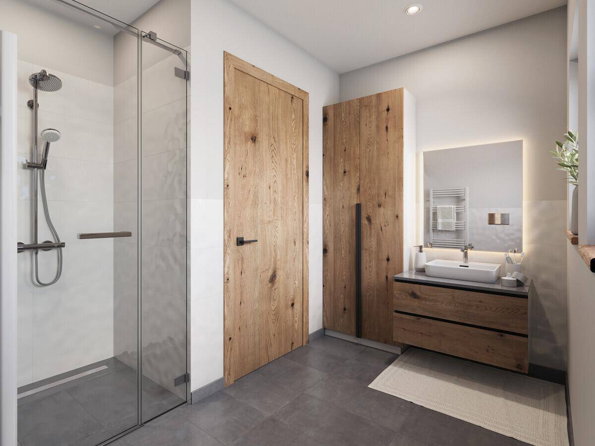 Modernes Badezimmer mit begehbarer Dusche, Holzmöbeln und großformatigen Fliesen.