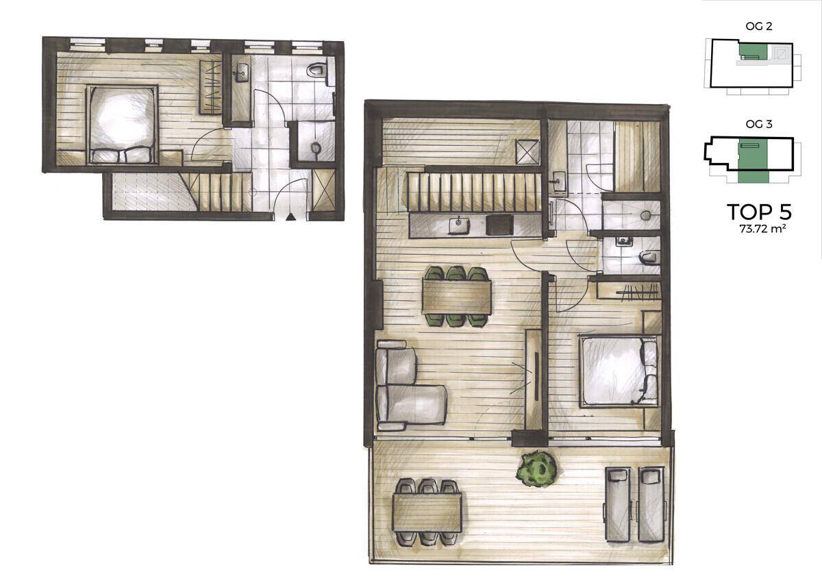 Grundrissplan für eine Wohnung mit offenem Wohnbereich und Balkon.