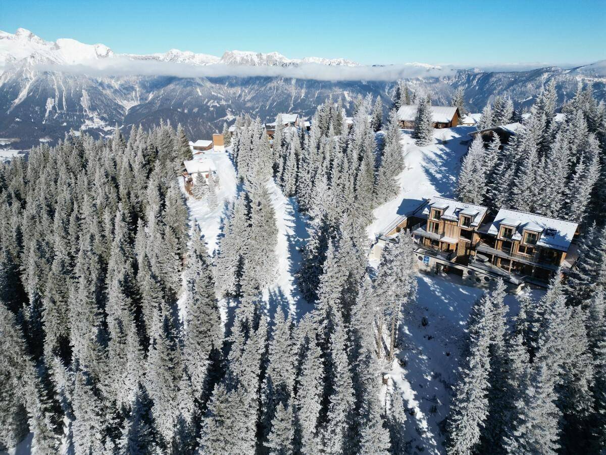 Panoramablick auf die verschneite Bergwelt mit dichten Wäldern und dem Anwesen in der Ferne.