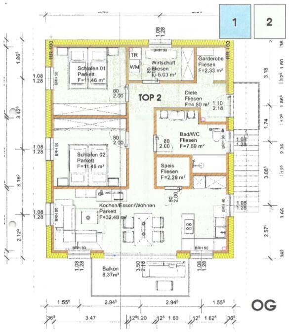 Grundriss des Obergeschosses mit offener Wohnküche, zwei Schlafzimmern und Balkon.