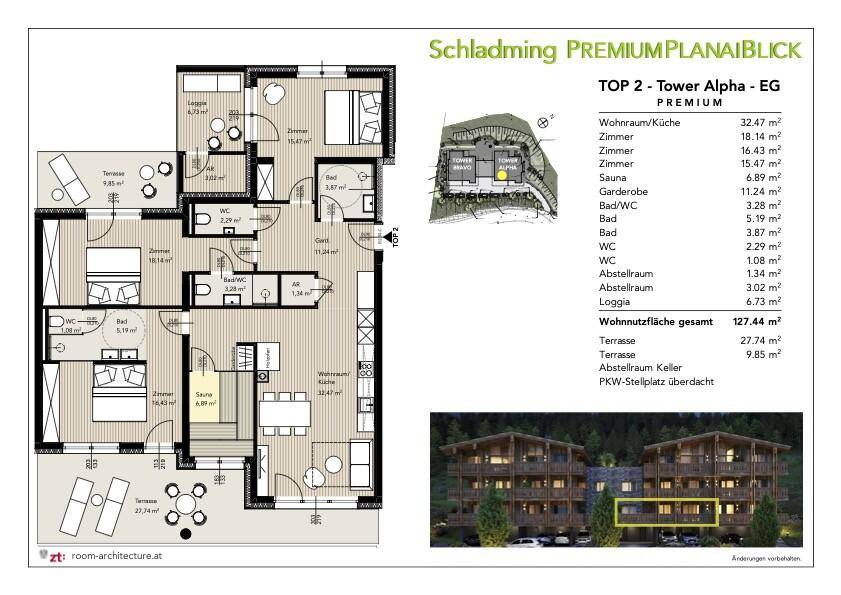 Grundriss einer Wohnung mit offenem Wohnbereich, zwei Terrassen, Sauna und mehreren Schlafzimmern.