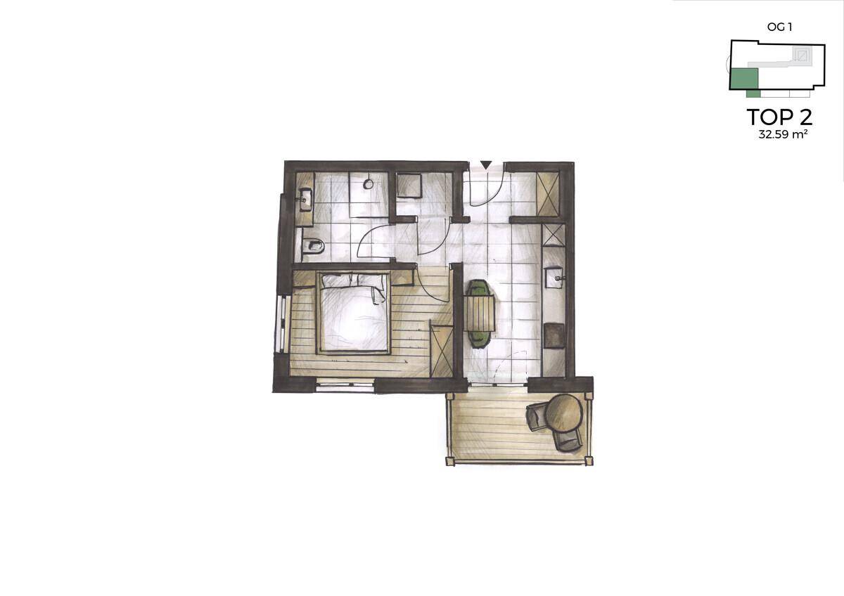 Grundriss einer Wohnung mit Schlafzimmer, Bad, Wohnbereich und Balkon.