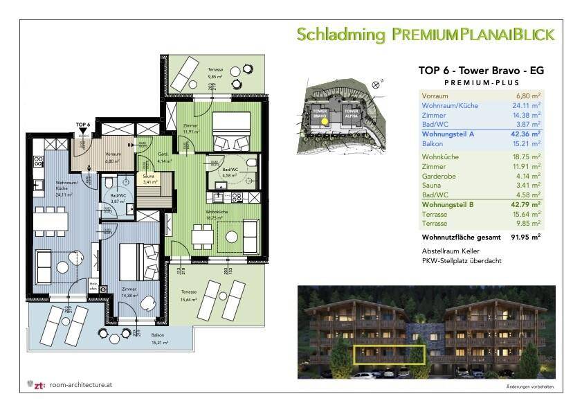 Detaillierter Grundriss von Top 6 im Erdgeschoss mit zwei Terrassen und integrierter Sauna.
