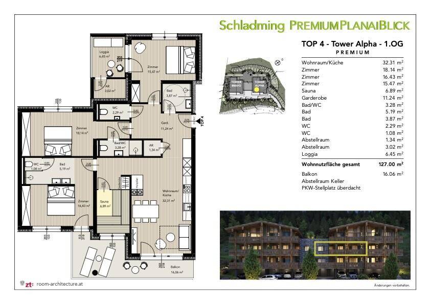 Grundriss für TOP 4 im Tower Alpha, Obergeschoss, mit Balkon, Sauna und offenem Wohnbereich.
