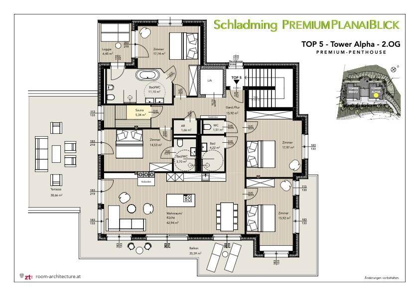 Grundriss des Premium-Penthouses "Top 5" mit Sauna, Balkon und Terrasse.