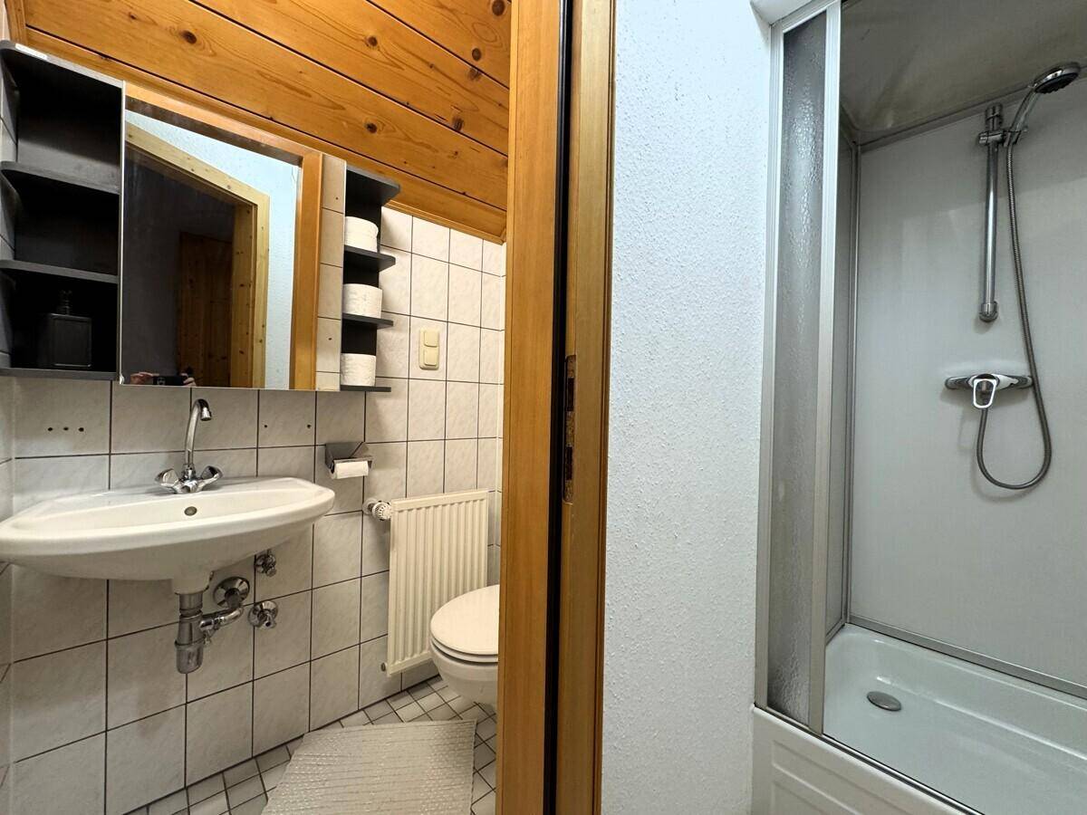 Funktionales Badezimmer mit Waschbecken, Toilette und Duschkabine, hell gefliest.